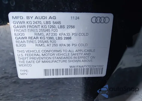 2025 Audi Q5 Prestige 45 Tfsi S Line Quattro S Tronic из США, поврежденный, VIN WA1FAAFY7S2041592